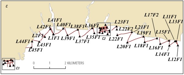 An enlarged portion of the trackline map of processed 15-m streamer CRP lines collected in Great South Bay in Area C September, 2008. Line names provide hotlinks to the JPEG profiles.