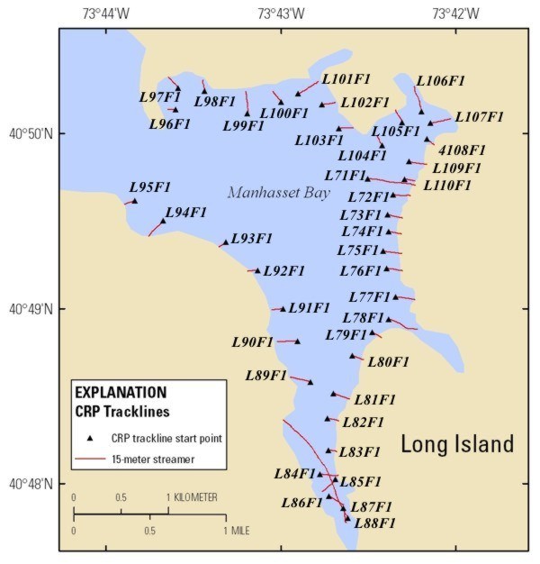 Trackline map of processed 15-m streamer CRP lines collected in Manhasset Bay in May 2008. Line names provide hotlinks to the JPEG profiles. 
