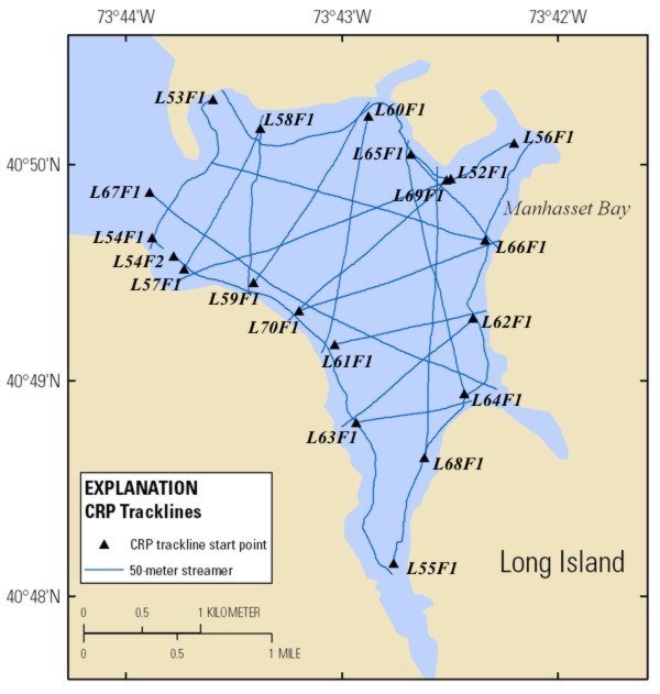 Trackline map of processed 50-m streamer CRP lines collected in Manhasset Bay in May 2008. Line names provide hotlinks to the JPEG profiles. 