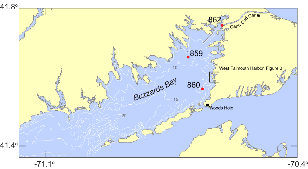 Figure 2. Map of Buzzards Bay and mooring locations.