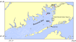 Thumbnail image of figure 2 and link to larger figure.  A map showing portions of southeastern MA, Cape Cod and Buzzards Bay and mooring locations.