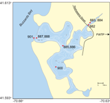 Thumbnail image for figure 3 and link to larger figure.  A map of West Falmouth Harbor and mooring locations.