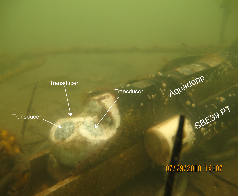 Figure 7. Photograph of Aquadopp and PT sensor as deployed.
