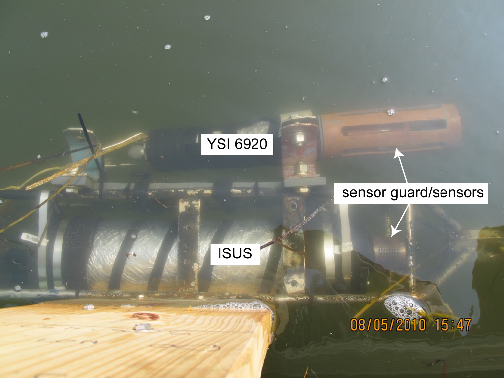 Figure 8. Photograph of  ISUS and YSI deployed on dock.