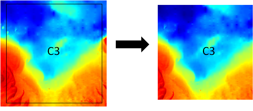 thumbnail image and link to larger image of a figure illustrating the generic mapping tool command grdcut