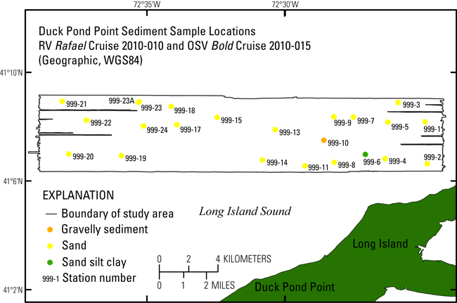 Thumbnail image showing the locations of sediment data collected during RV RAFAEL cruise 2010-010-FA and OSV Bold cruise 2010-015-FA in Long Island Sound, north of Duck Pond Point, New York