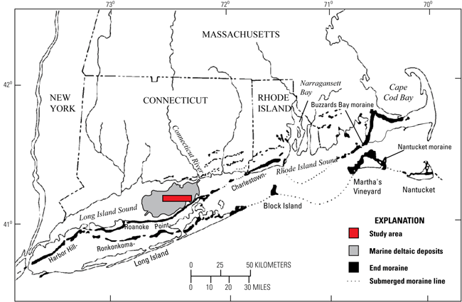 Figure 2. A map showing end moraines in southern New York and New England.
