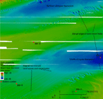 Thumbnail image of figure 17 and link to larger figure. Image of bathymetry in the eastern part of the study area.
