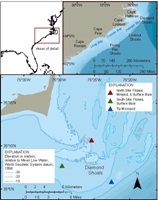 Thumbnail image for Figure 1, Location map for Cape Hatteras, NC. Markers are placed to identify locations of  moorings.