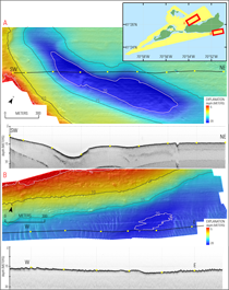 thumbnail image of figure 3. Two examples of seafloor features within the 2010-003-FA survey area. A) A large scour hole located in a muddy deposits is evident in both the bathymetric and the seismic data. B) Sand waves south of Nashawena also be seen in both the bathymetry and chirp seismic reflection data, and link to larger figure