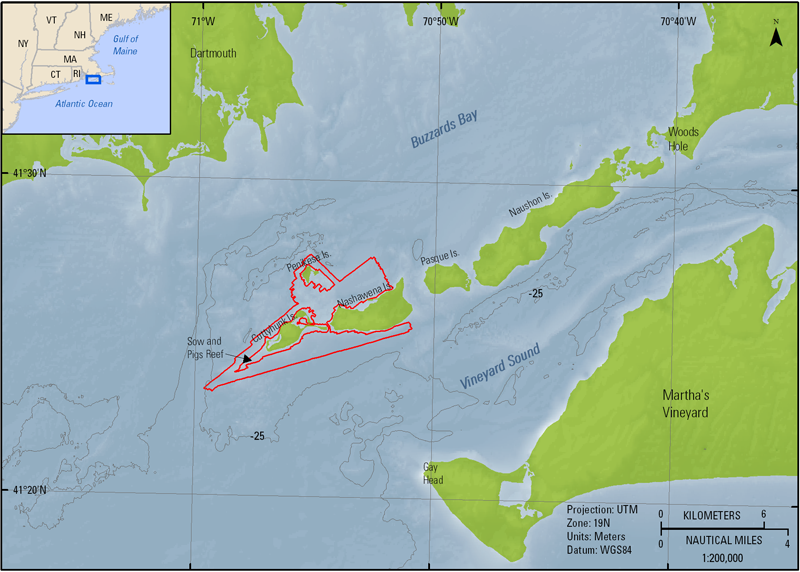 Figure 1. Location map of the western Elizabeth Islands, Massachusetts survey area (outlined in red).   
