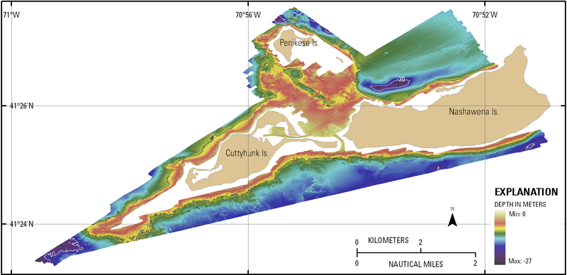 Figure 5 . Map showing the interpolated shaded-relief bathymetry of the seafloor surrounding the western Elizabeth Islands. Coloring and bathymetric contours represent depths in meters, relative to Mean Lower Low Water (MLLW). 