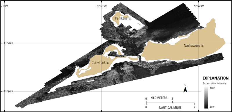 Figure 6 . Map showing acoustic-backscatter intensity of the seafloorsurrounding the western Elizabeth Islands. Backscatter intensity is an acoustic measure of the hardness and roughness of the seafloor. In general, higher values (light tones) represent rock, boulders, cobbles, gravel, and coarse sand. Lower values (dark tones) generally represent fine sand and muddy sediment. 