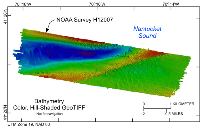 Thumbnail image showing the 1-m multibeam bathymetry collected during NOAA survey H12007 in UTM Zone 19, NAD83