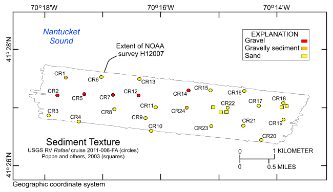 Thumbnail image showing the locations of sediment data collected during Rafael cruise 2011-006-FA n the vicinity of Cross Rip Channel in Nantucket Sound, offshore southeastern Massachusetts