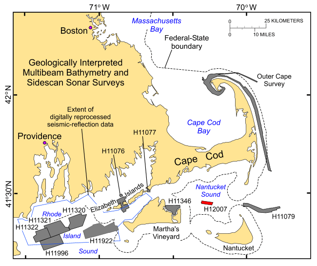Figure 1. A map of the location of bathymetric surveys completed around Massachusetts and Rhode Island.