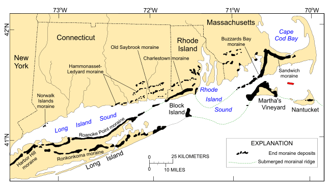 Figure 2. A map showing end moraine locations in southern New England and New York.