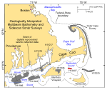 Thumbnail image of figure 1 and link to larger figure. A map of the location of bathymetric surveys completed around Massachusetts and Rhode Island.