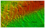 Thumbnail image of figure 25 and link to larger figure. An image of bathymetric data showing sand waves on Halfmoon Shoal.