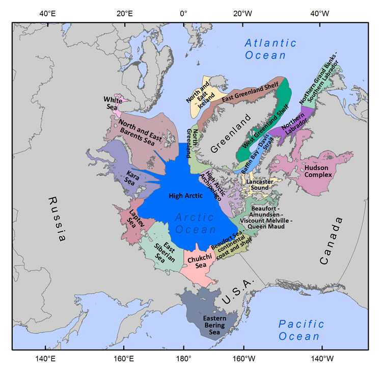 Figure 1, map of Arctic realm showing the provinces within the realm.