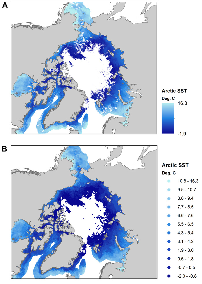 Figure 2, maps of monthly average sea surface temperature based on data in different formats.