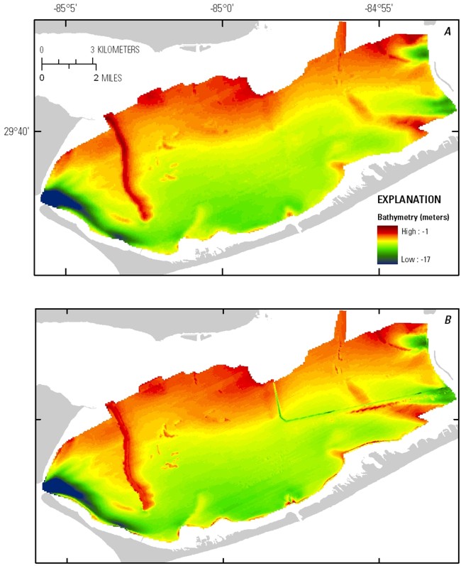 Thumbnail image for Figure 9, comparison of sea-floor surface from gridding data at seismic-shot point spacing to a surface generated from high-resolution swath bathymetry.