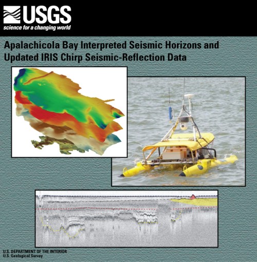 Report cover art showing the interpreted horizons, the autonomous surface vessel IRIS, and an interpreted seismic-reflection profile JPEG image from Apalachicola Bay..