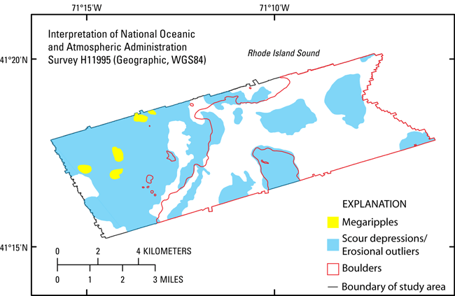 Figure 13. A map showing areas of the sea floor interpreted to be megaripples, scour depressions and erosional outliers, and boulders.
