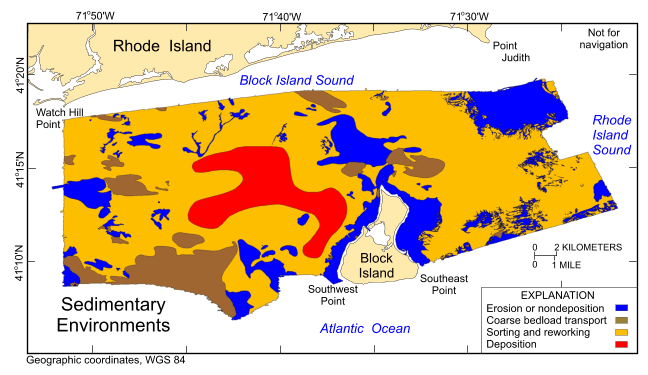 Thumbnail image showing the interpreted sedimentary environments within NOAA surveys H12009, H12010, H12011, H12015, H12033, H12137, and H12139 in Block Island Sound