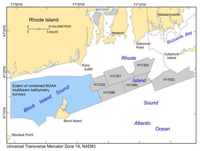Figure 1. A map of the location of bathymetric surveys completed in Block Island and Rhode Island Sounds.