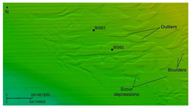 Figure 24. An image of bathymetric data showing scour near Point Judith.