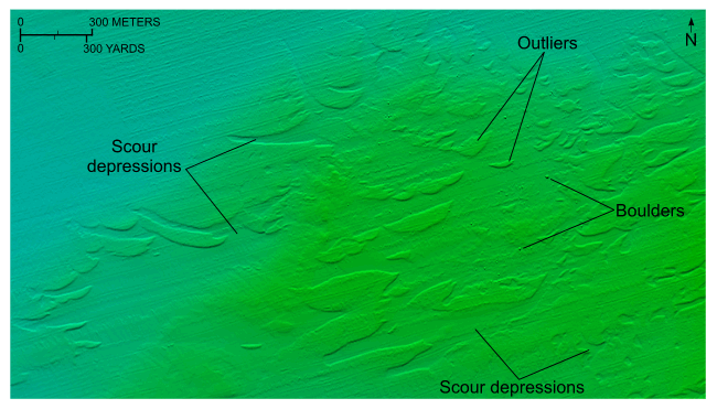Figure 25. An image of bathymetric data showing scour on the southeast edge of the study area.