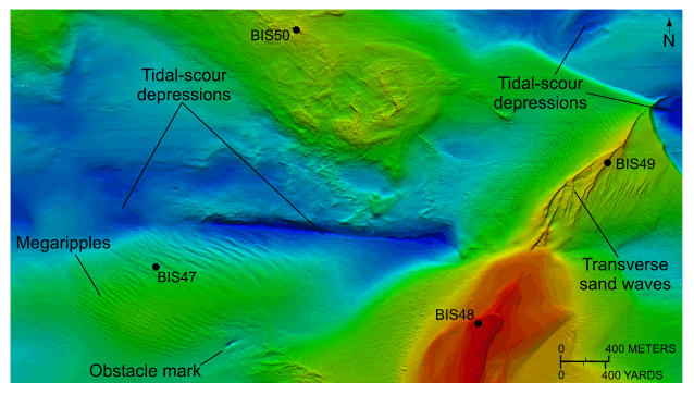 Figure 29. Image of bathymetric data showing tidal scour depressions in the study area.
