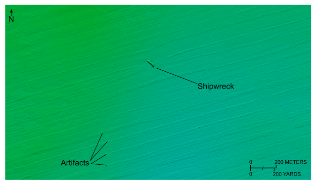 Figure 36. Image of bathymetric data showing a flat sea floor and a shipwreck.