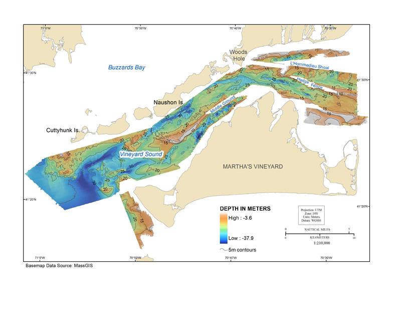 Map showing shaded relief bathymetry of the seafloor in vineyard sound, massachusetts