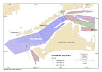 Thumbail image for Figure 4, map showing tracklines where bathymetry data were collected in the vineyard sound survey area, and link to full-sized figure.