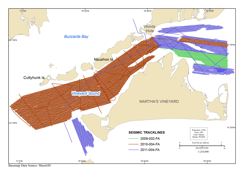 map showing tracklines where seismic-reflection profiles were collected in the vineyard sound survey area
