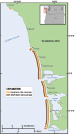 Thumbail image for Figure 1 and link to full size figure.  Map showing rate coverage and shoreline locations in Washington