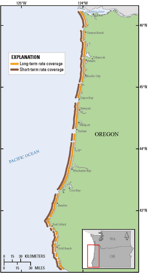 Map showing rate coverage and shoreline locations in Oregon