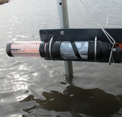 thumbnail image of figure 3 and link to larger figure. A photograph of pole-mounted YSI sonde