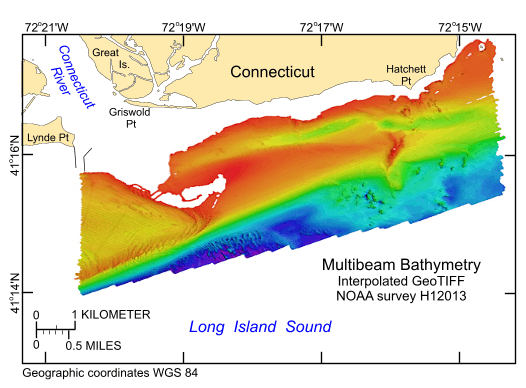 Thumbnail image showing hill-shaded GeoTIFF image of the interpolated multibeam bathymetry generated during NOAA survey H12013 off the entrance to the Connecticut River in northeastern Long Island Sound in a geographic WGS84 coordinate system.