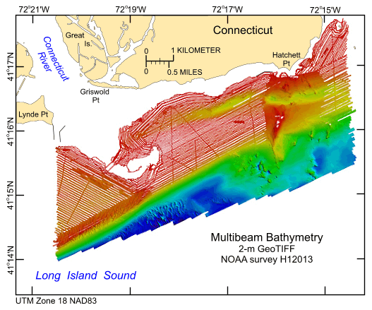 Thumbnail image of the GeoTIFF showing the 2-m color hill-shaded bathymetry collected during NOAA survey H12013 in UTM Zone 18, NAD83