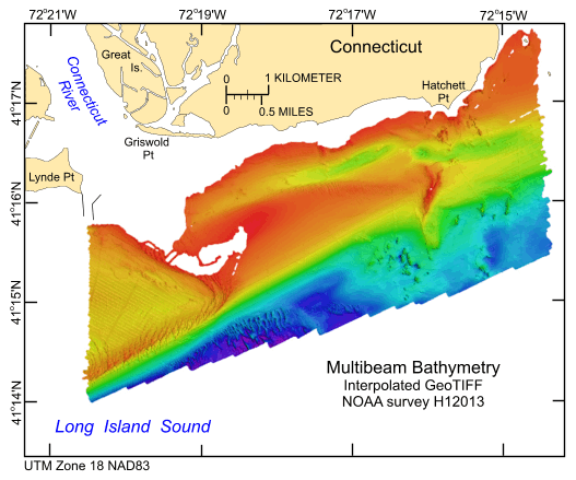 Thumbnail image of the GeoTIFF showing the interpolated color hill-shaded bathymetry collected during NOAA survey H12013 in UTM Zone 18, NAD83