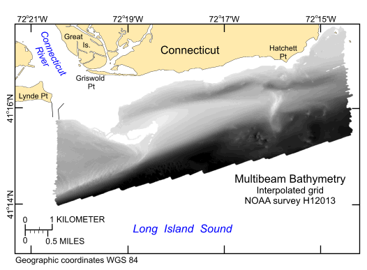 Thumbnail image showing the interpolated grid of the multibeam bathymetry generated during NOAA survey H12013 off the entrance to the Connecticut River in northeastern Long Island Sound in a geographic WGS84 coordinate system.