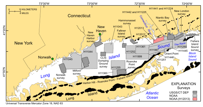 Figure 1. A map of the location of bathymetric surveys completed in Long Island Sound.