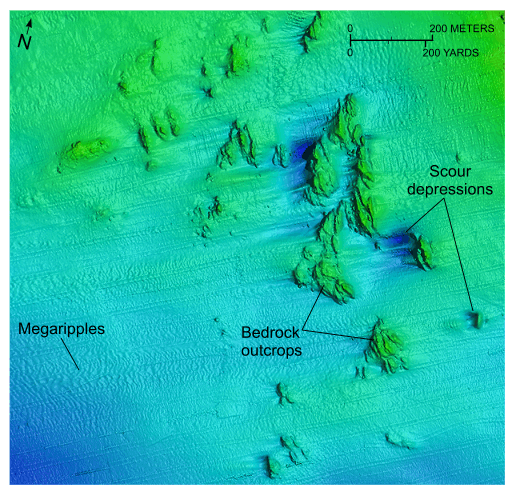 Figure 23. A detailed image of multibeam bathymetry showing bedrock outcrops in the study area.