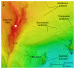 Thumbnail image of figure 24 and link to larger figure. An image of bathymetric data showing boulders and sand waves in the study area.