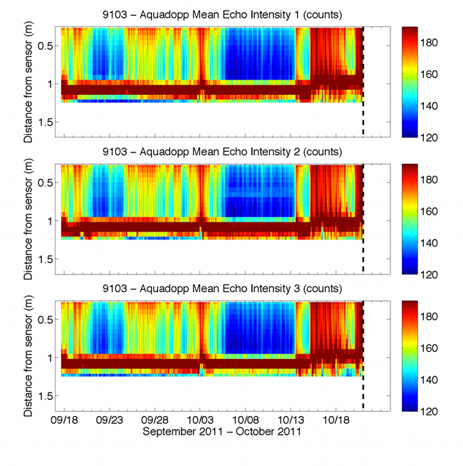 Figure 30. Graphs showing echo intensity time series profiles for beams 1, 2, and 3 from a Nortek Aquadopp HR profiler mounted 1.08 meters above the bottom.