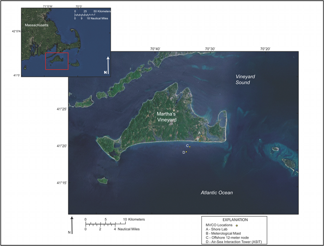 Figure 1. Satellite photo of Martha's Vineyard and Cape Cod region (inset). 