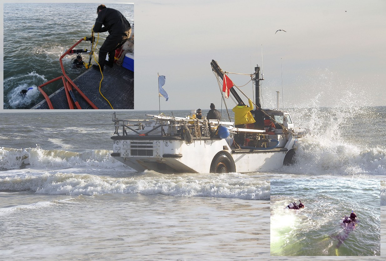 Figure 2, An amphibious water craft Lighter Amphibious Resupply Cargo (LARC) used as a dive platform (center). USGS divers deploying (upper left) and retrieving (lower right) instruments. 